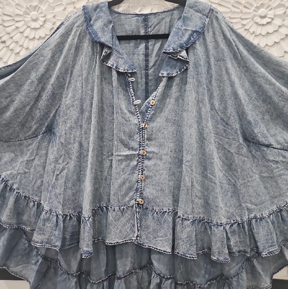 Washed Blue Ruffle Button-Front Women’s Top - Picture 4 of 7